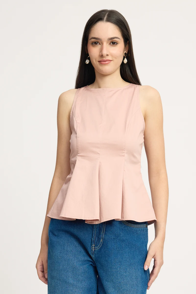 Rose|100% Cotton Sleeveless Fitted Peplum Top