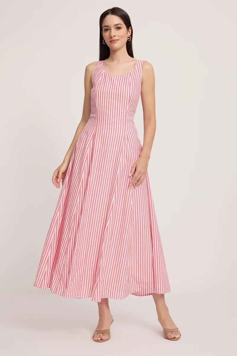 Jung|100% Cotton Striped Sleeveless Midi Dress