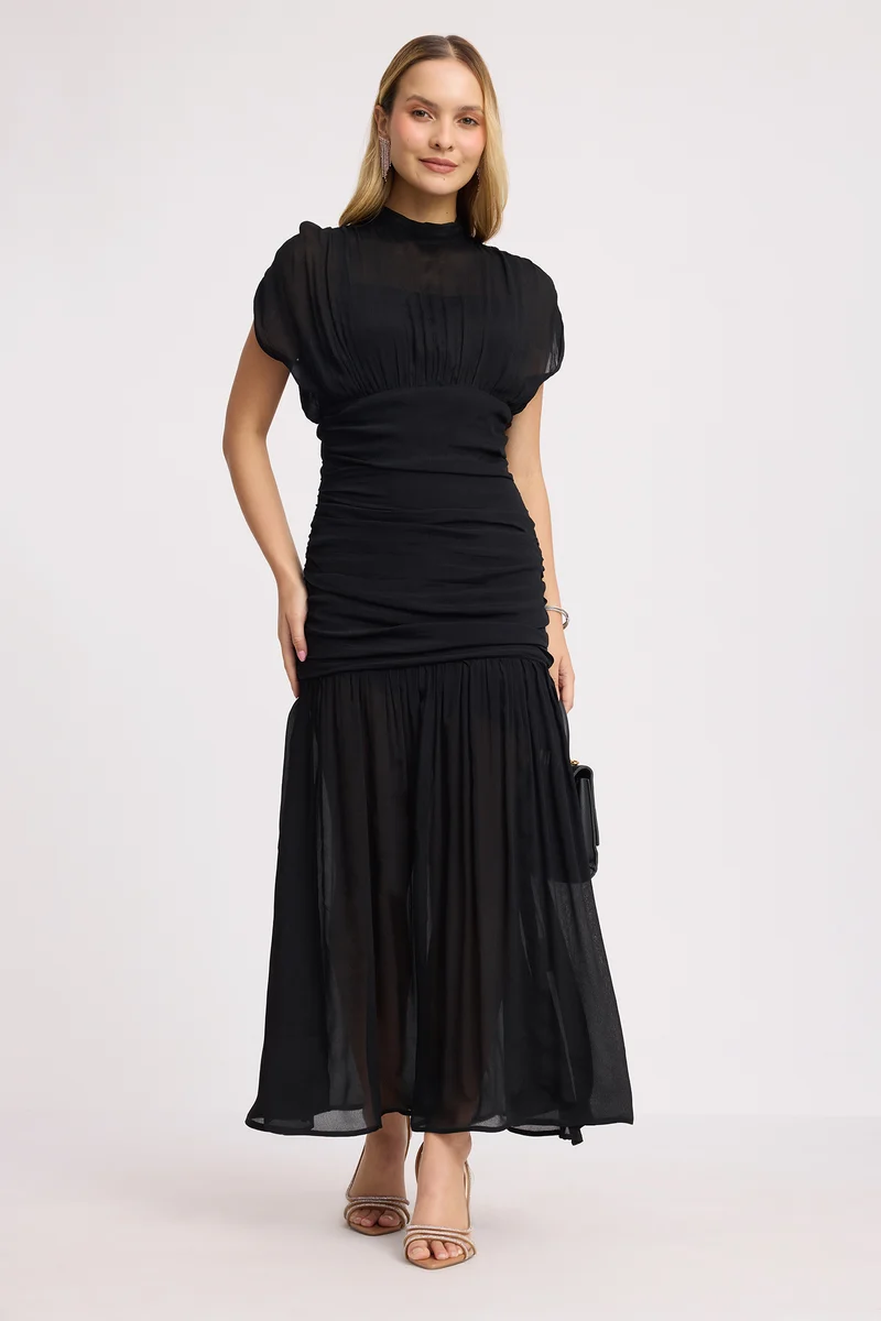 Shane|100% Viscose Ruched High Neck Maxi Dress