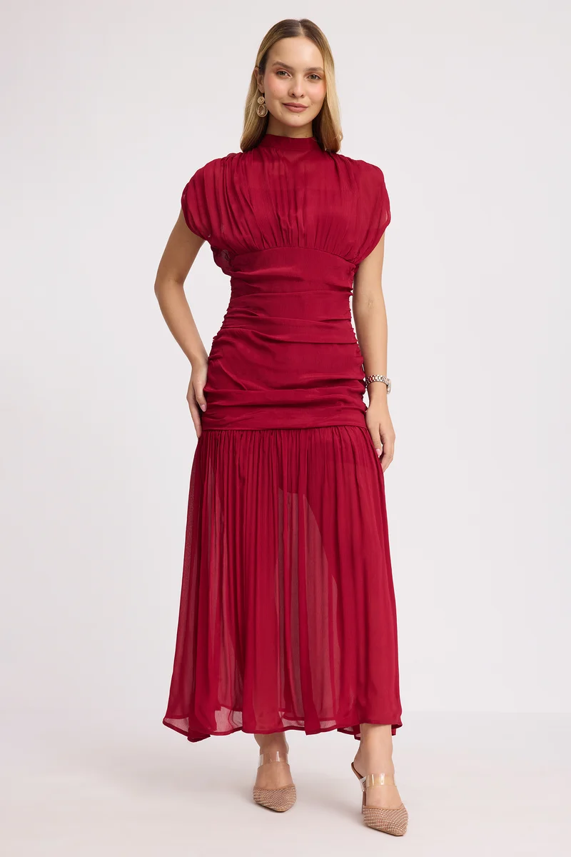 Shiny|100% Viscose Ruched High Neck Maxi Dress