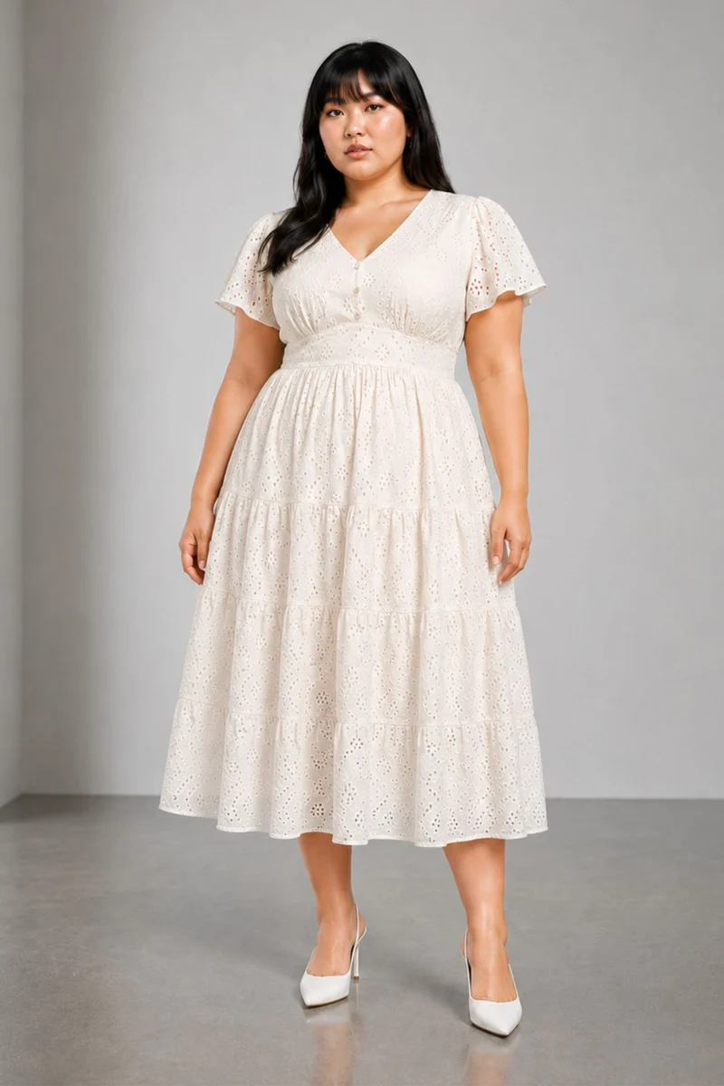 Noana|Cotton Tiered Schiffli Midi Dress