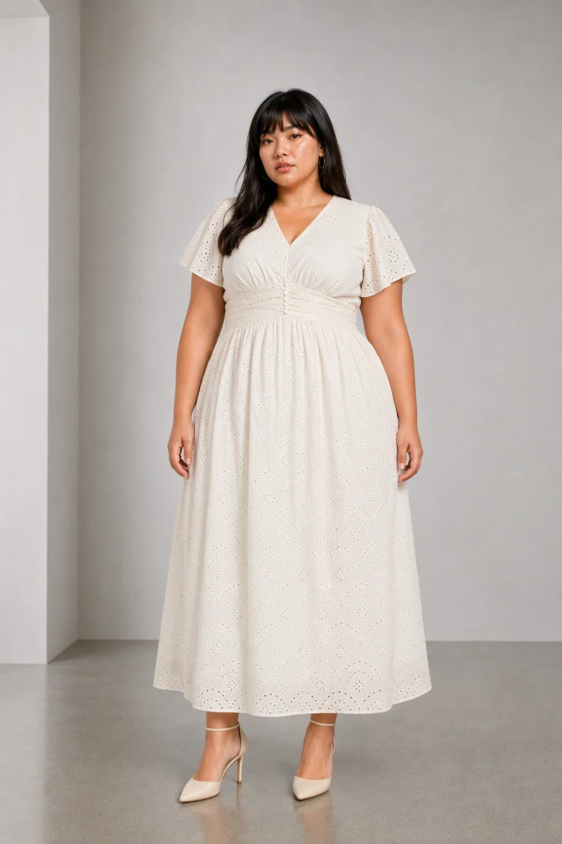 Glena|Cotton Fit And Flare Schiffli Dress