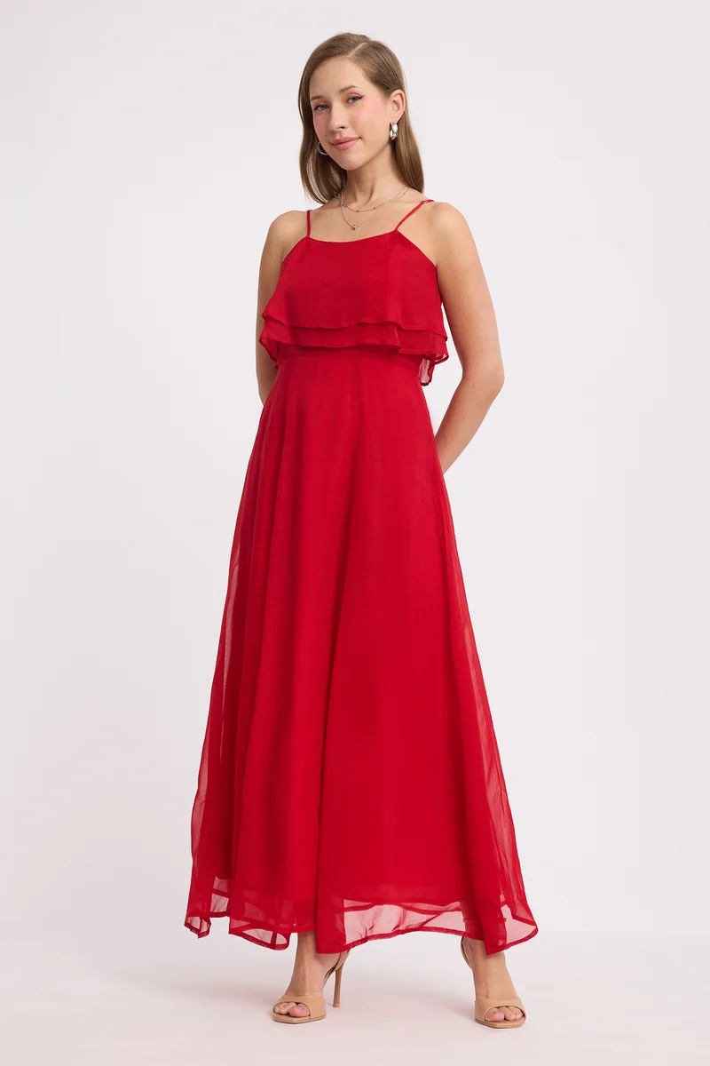 Negi|Viscose Strappy Ruffle Flared Gown