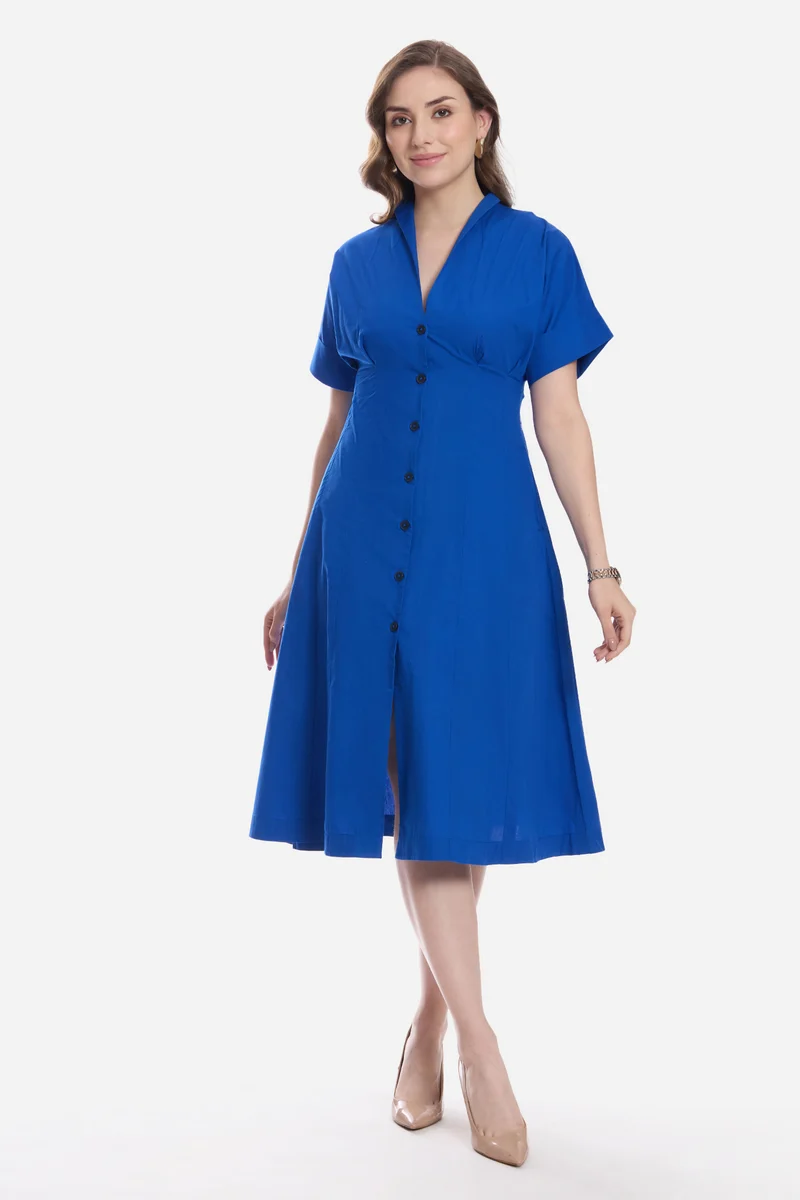 Cadel|100% Cotton Pleat Detail Midi Dress