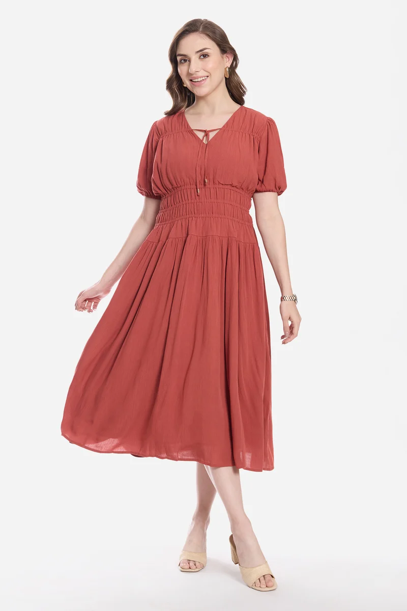 Adiis|100% Viscose Smocked Tie-Up Midi Dress