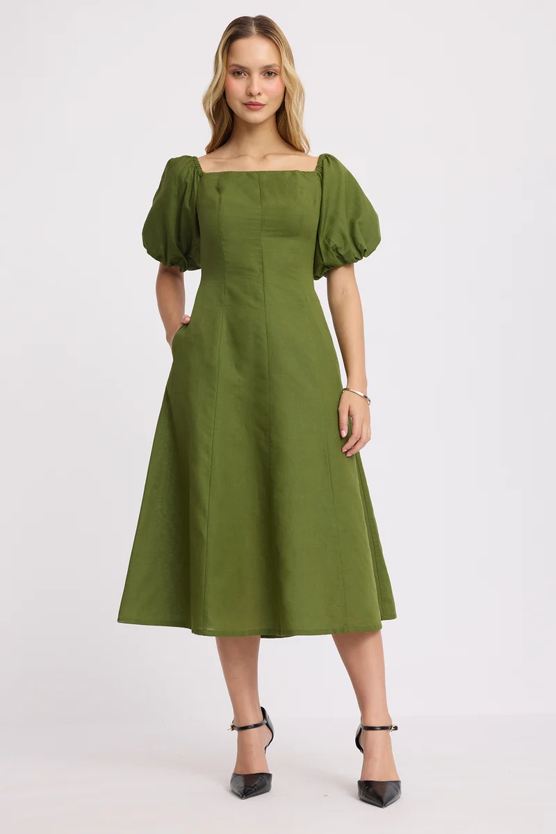 Junae|100% Cotton Off Shoulder Midi Dress
