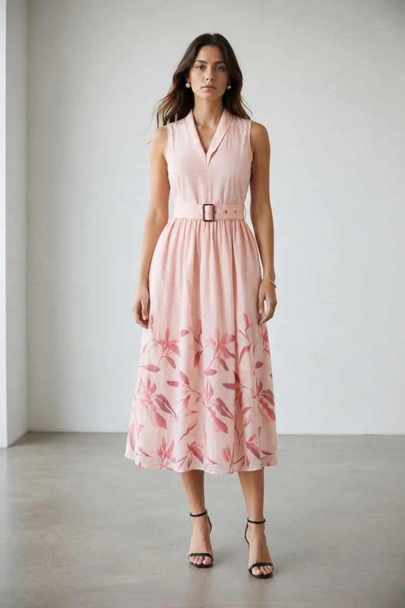 Perlina|100% Cotton V-Neck Midi Dress With Belt