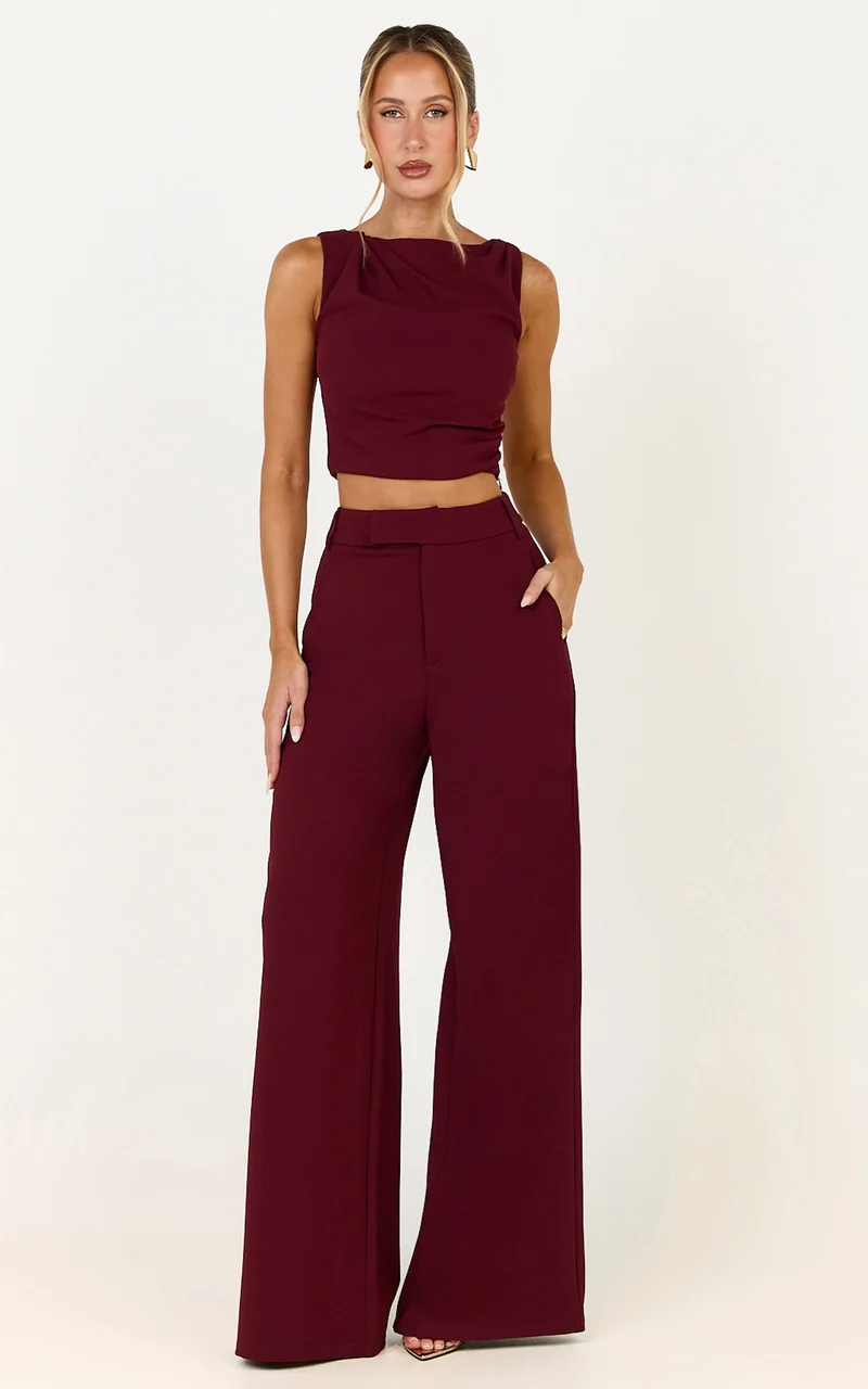 Helen Two Piece Set - Crepe Twisted Top And Wide Leg Pants in Wine