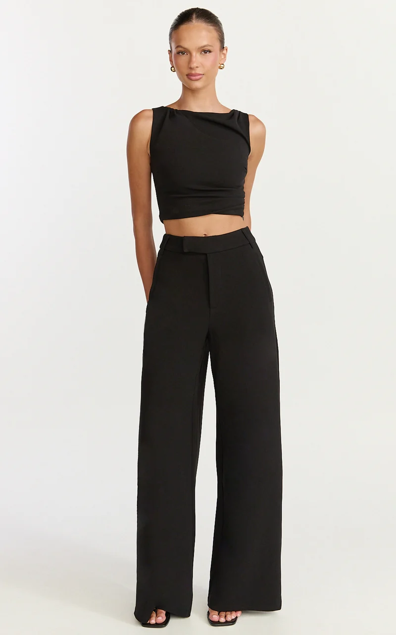 Helen Two Piece Set - Crepe Twisted Top And Wide Leg Pants in Black