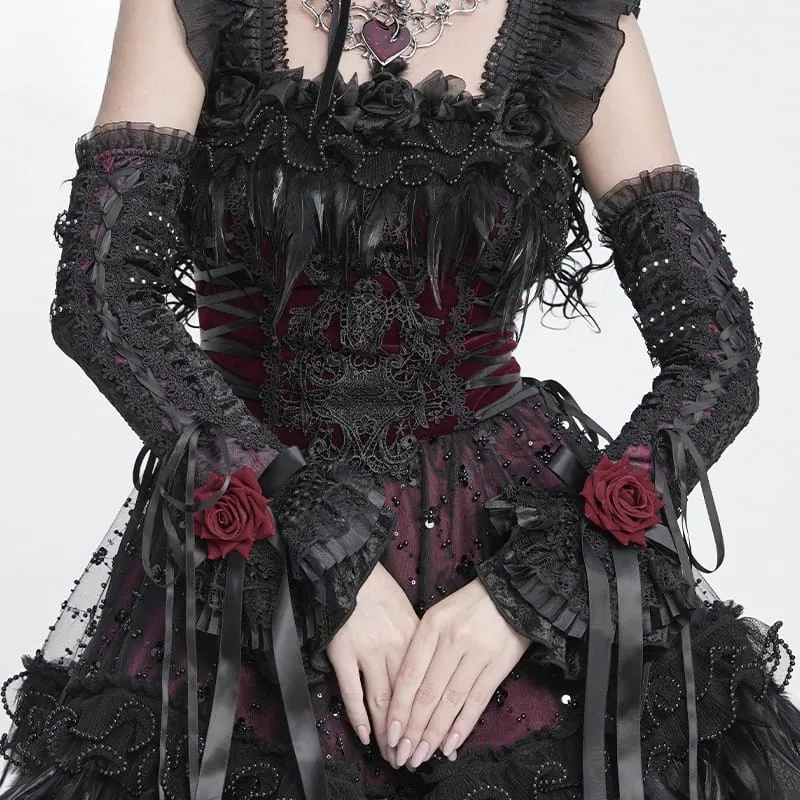Dam Gothic Rose Rosett Snörärm Svart-Röd