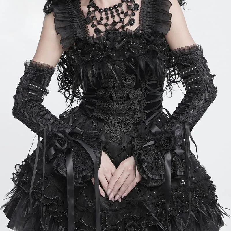 Dam Gothic Rose Rosett Snörning Ärmar Svarta