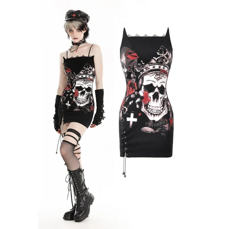Gothic Skull Printed Witch Slip Dress för kvinnor