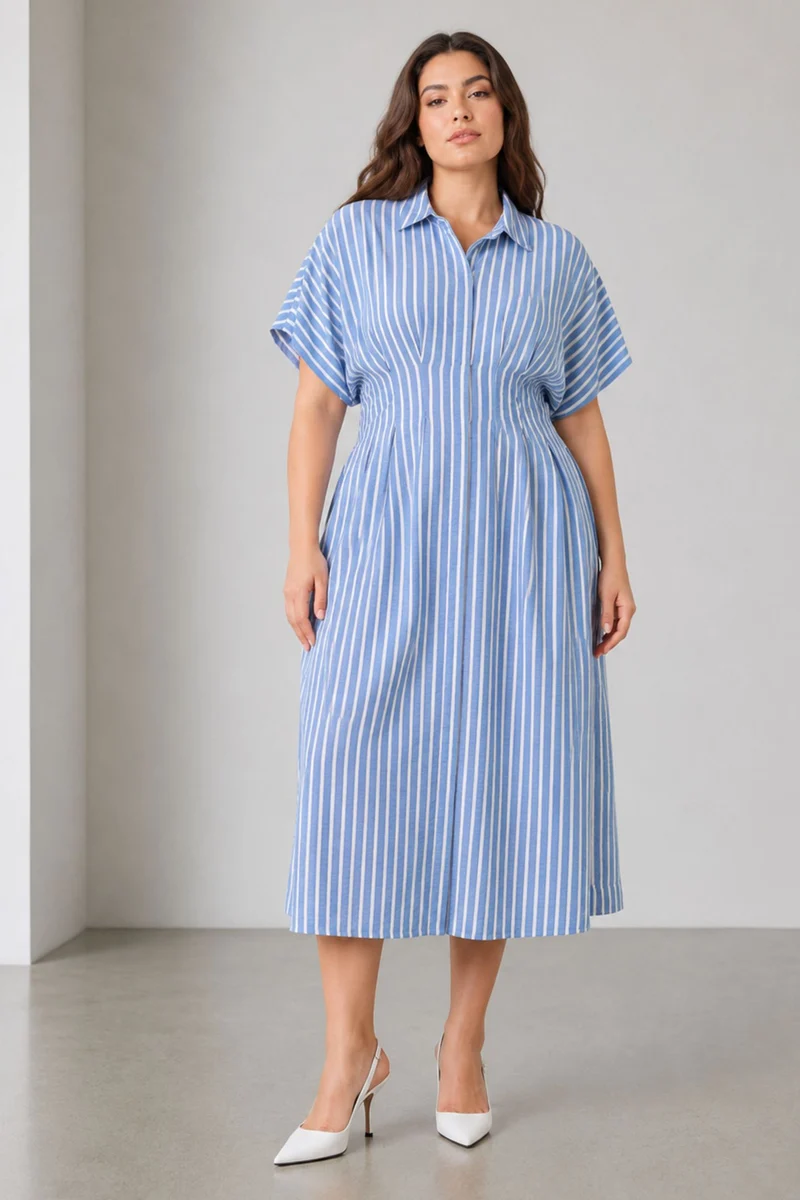 Selvine|Cotton Pleated Button Shirt Dress