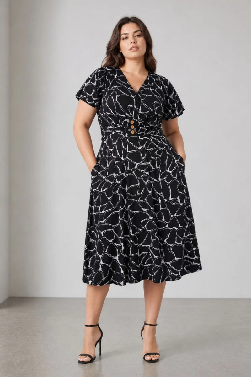 Noivra|Viscose Fit And Flare Midi Dress
