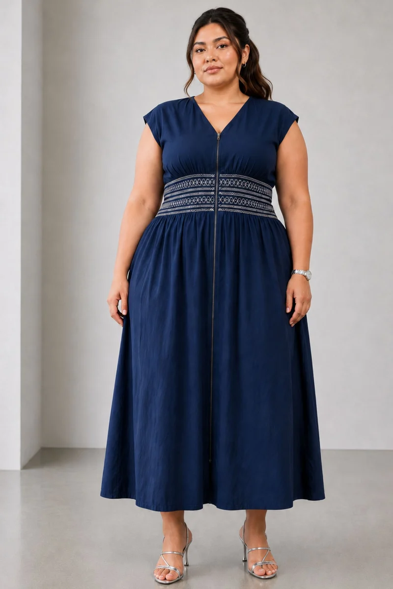 Cerulaine|Cotton Contrast Smocking Maxi Dress