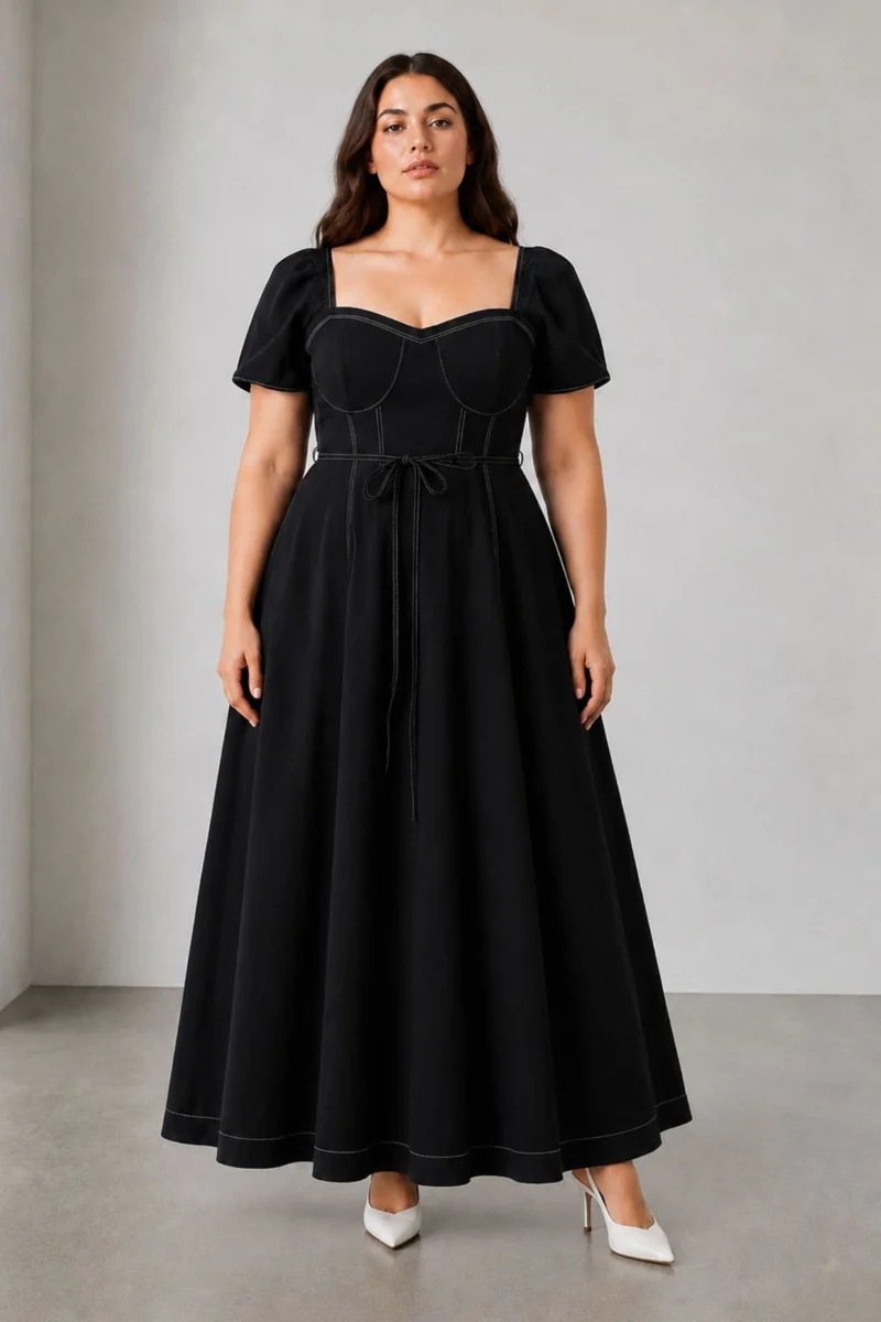 Solvne|Cotton Fitted Bodice Flared Dress