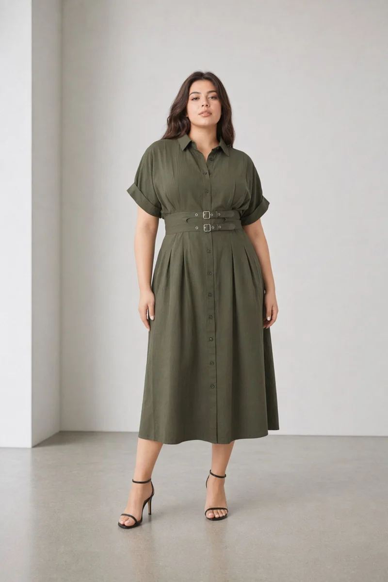 Kezara|100% Cotton Double Belted Midi Dress