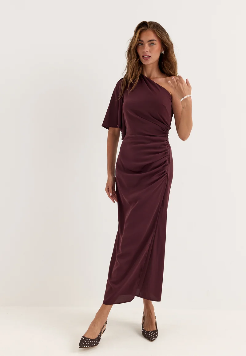 Ruched One Shoulder Midi Dress