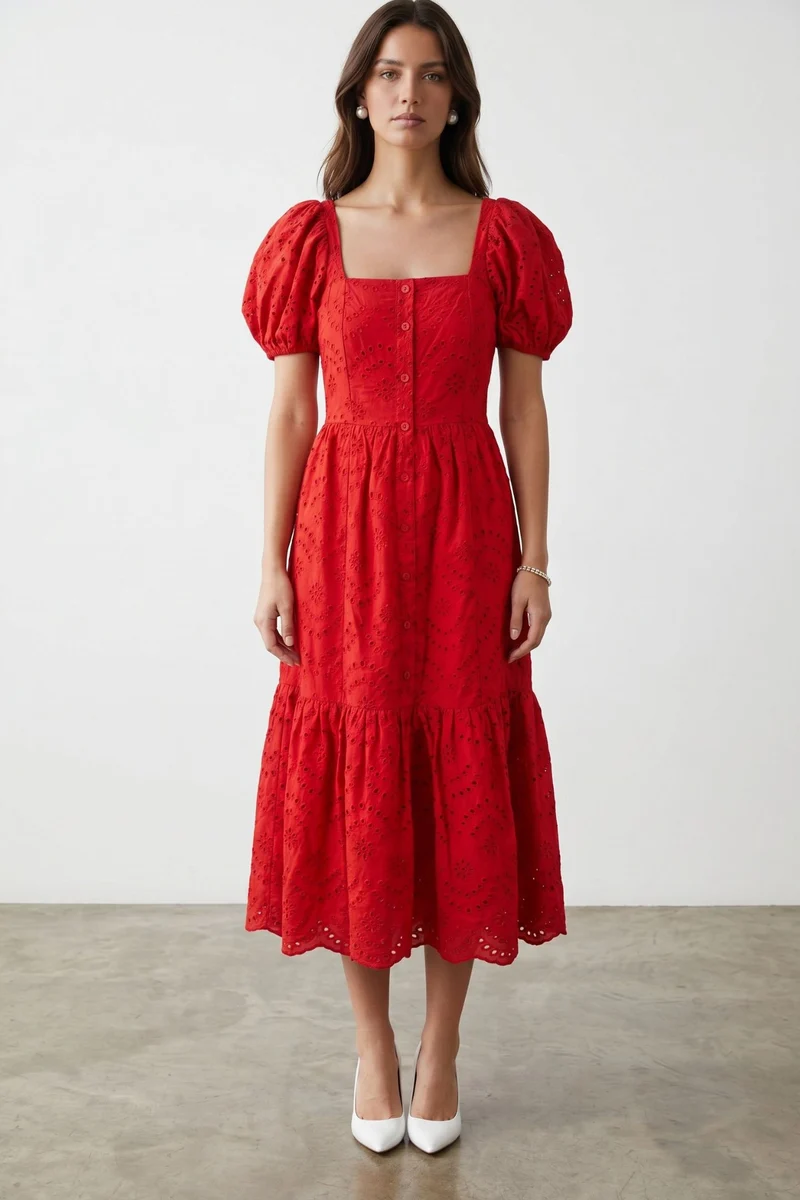 Odelia|100% Cotton Schiffli Puff Sleeve Midi Dress