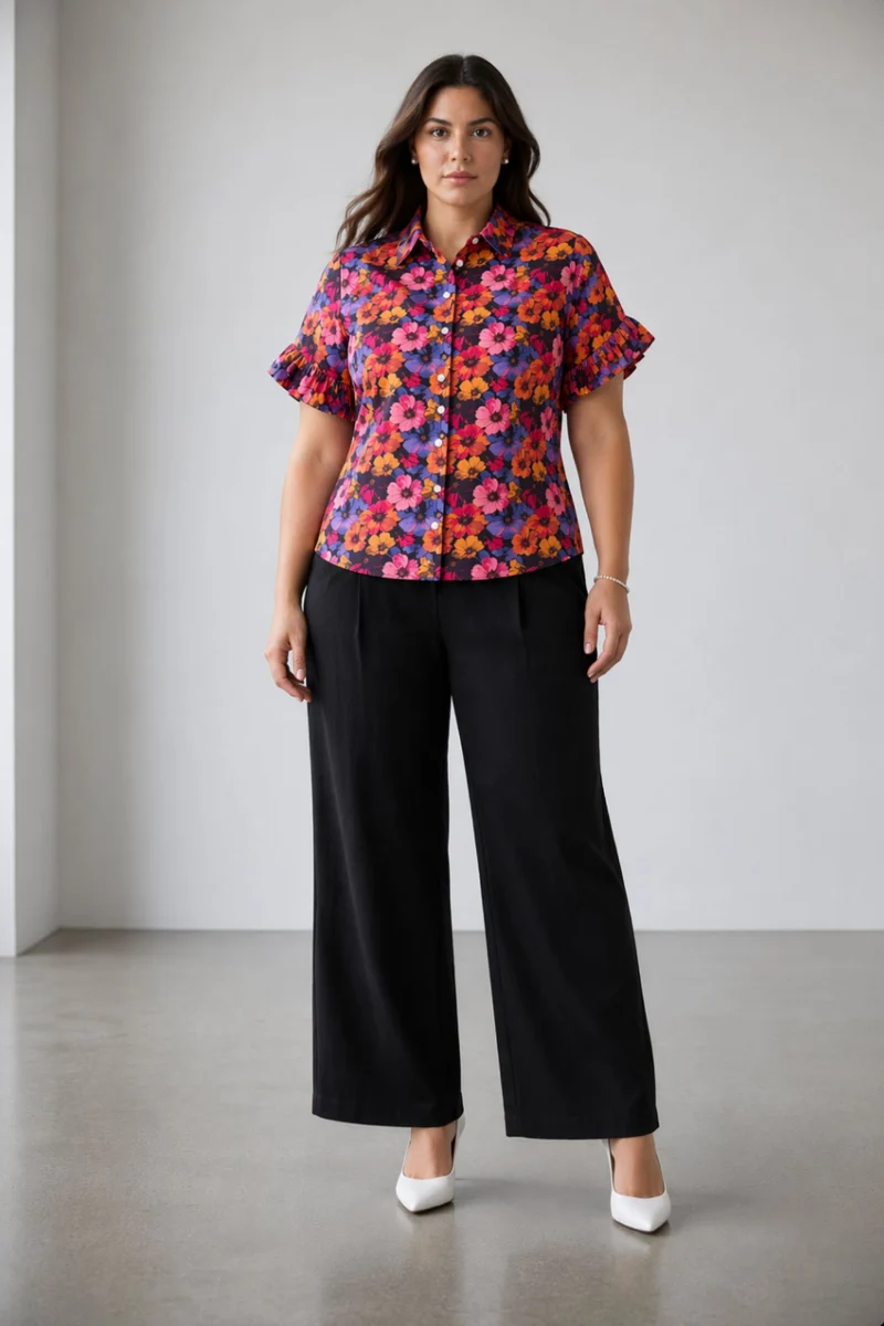 Galene|100% Cotton Printed Ruffle Sleeve Shirt