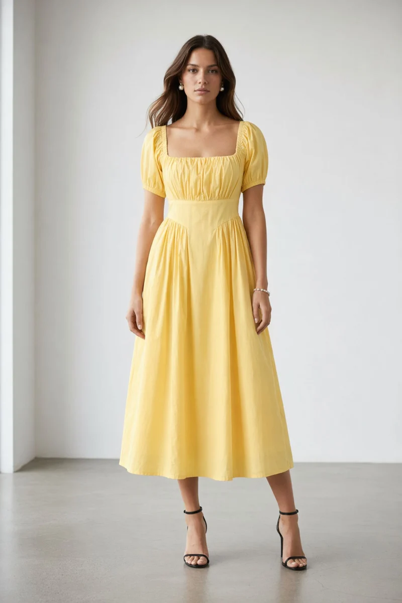 Noreya|100% Cotton Puff Sleeve Maxi Dress