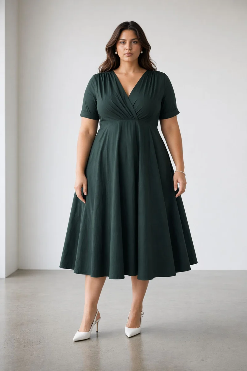Estina|100% Cotton Gathered V Neck Midi Dress