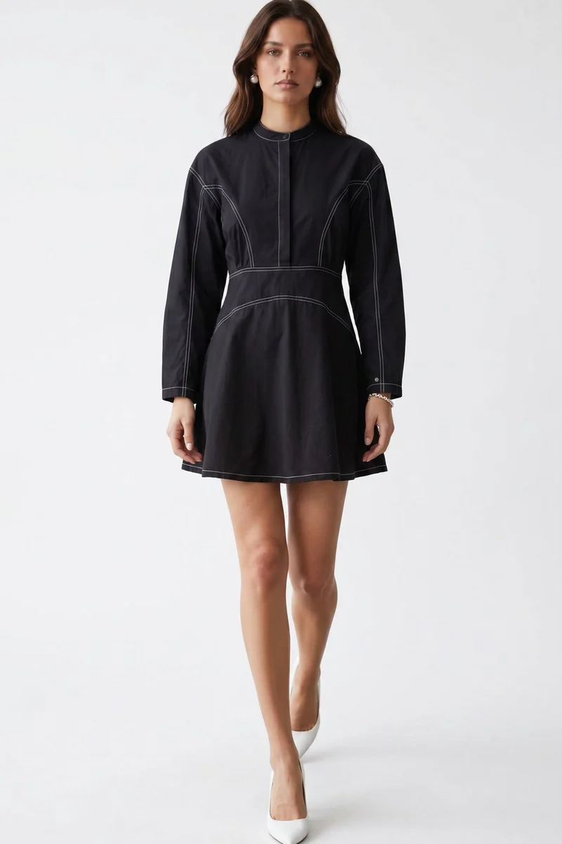 Lorenae|100% Cotton Topstitch Detail Mini Dress