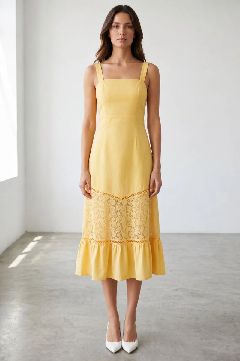 Arissa|100% Cotton Dress With Lace Panel Detail