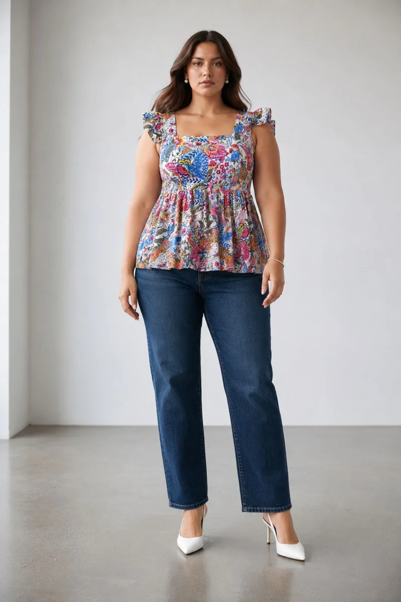 Kaelis|100% Viscose Sweetheart Neck Fit & Flare Top