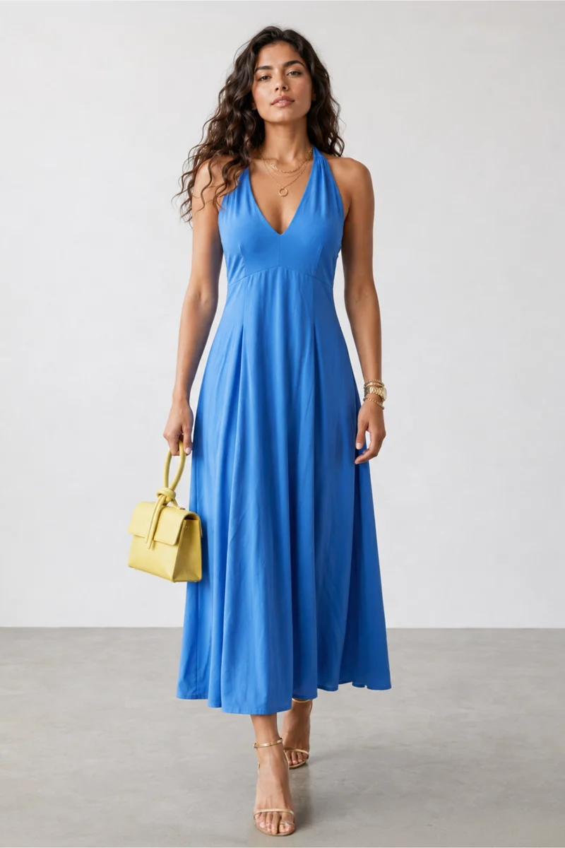 Narelle|100% Viscose Halter Neck Flared Midi Dress