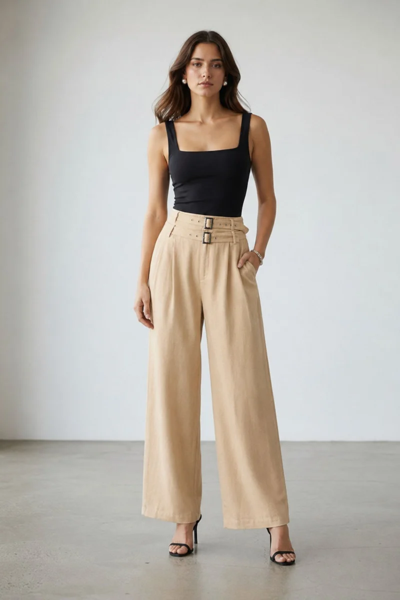 Miralissea|Viscose Double Buckle Wide Leg Pants