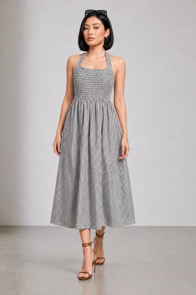 Odessa|100% Cotton Halter Neck Pleated Dress