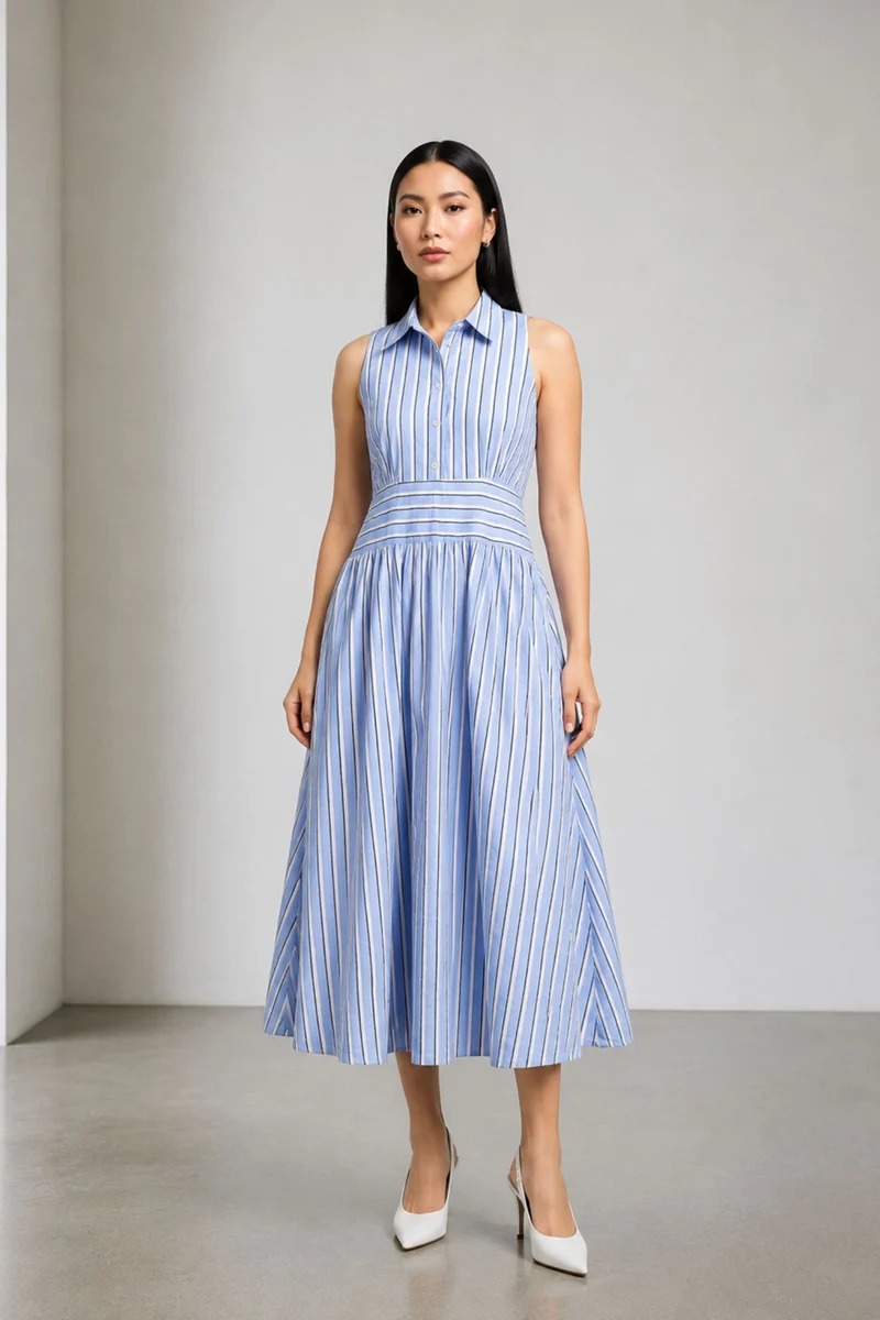 Meliora|100% Cotton Collared Waist Panel Maxi Dress
