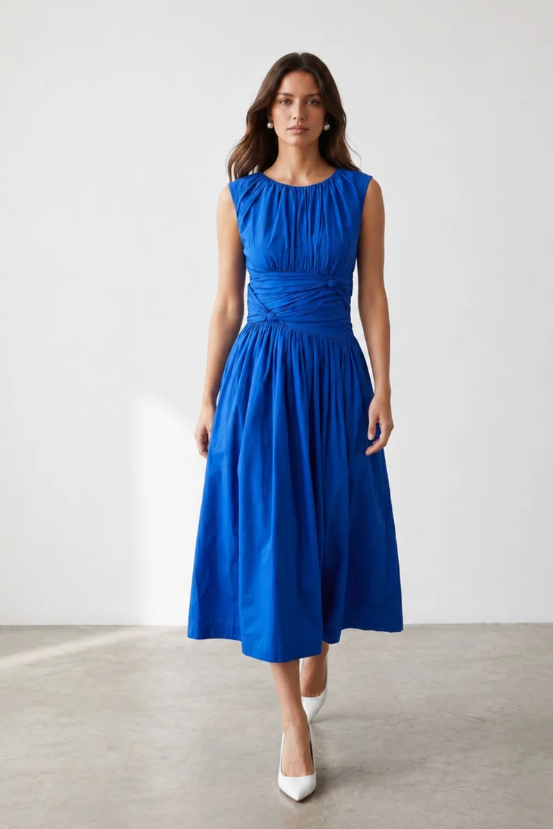 Elowise|100% Cotton Draped Waist Midi Dress