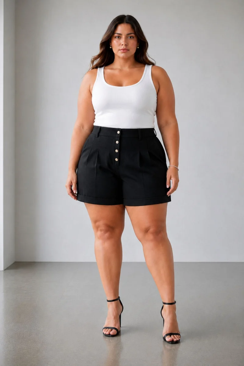 Fiorina|100% Viscose Black Button-Front Shorts