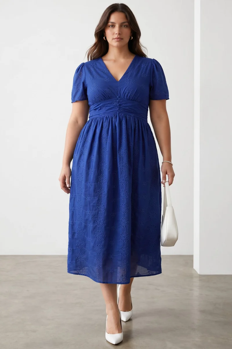 Seralyn|100% Cotton Fit And Flare Schiffli Dress
