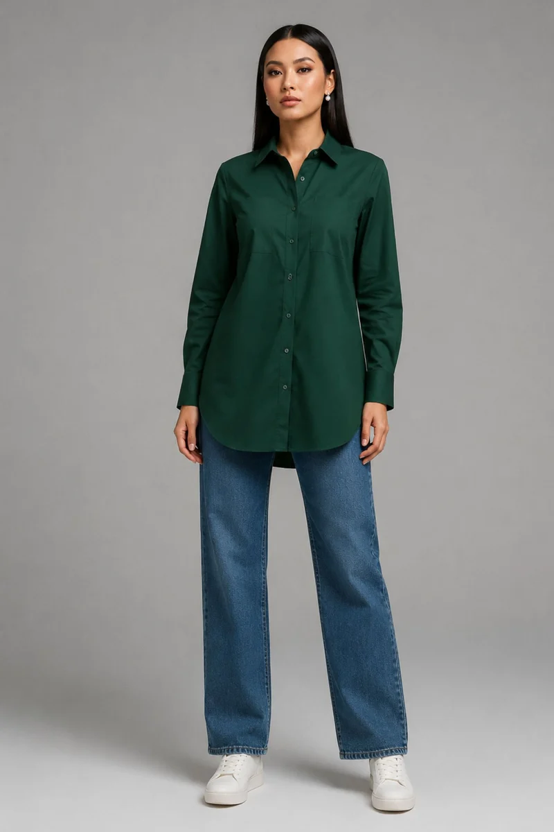 Arvena|100% Cotton Shirt With Curved Hem
