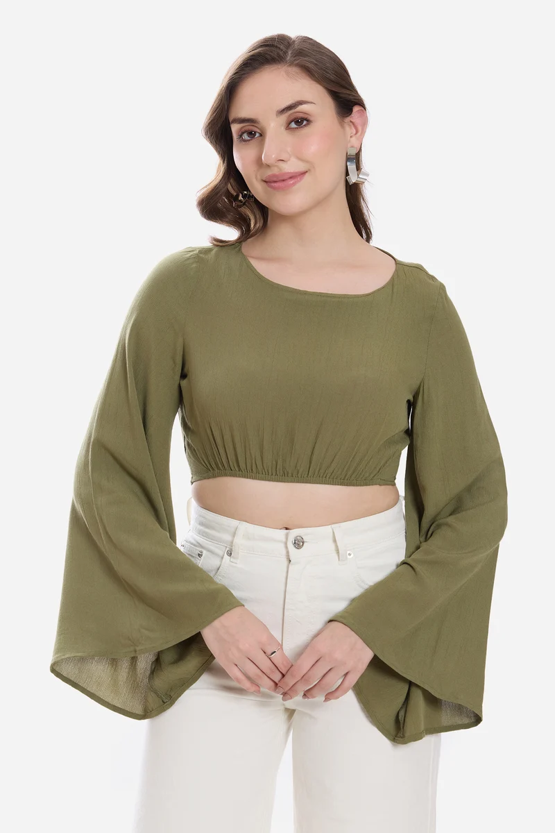 Kidia|100% Viscose Bell Sleeve Crop Top
