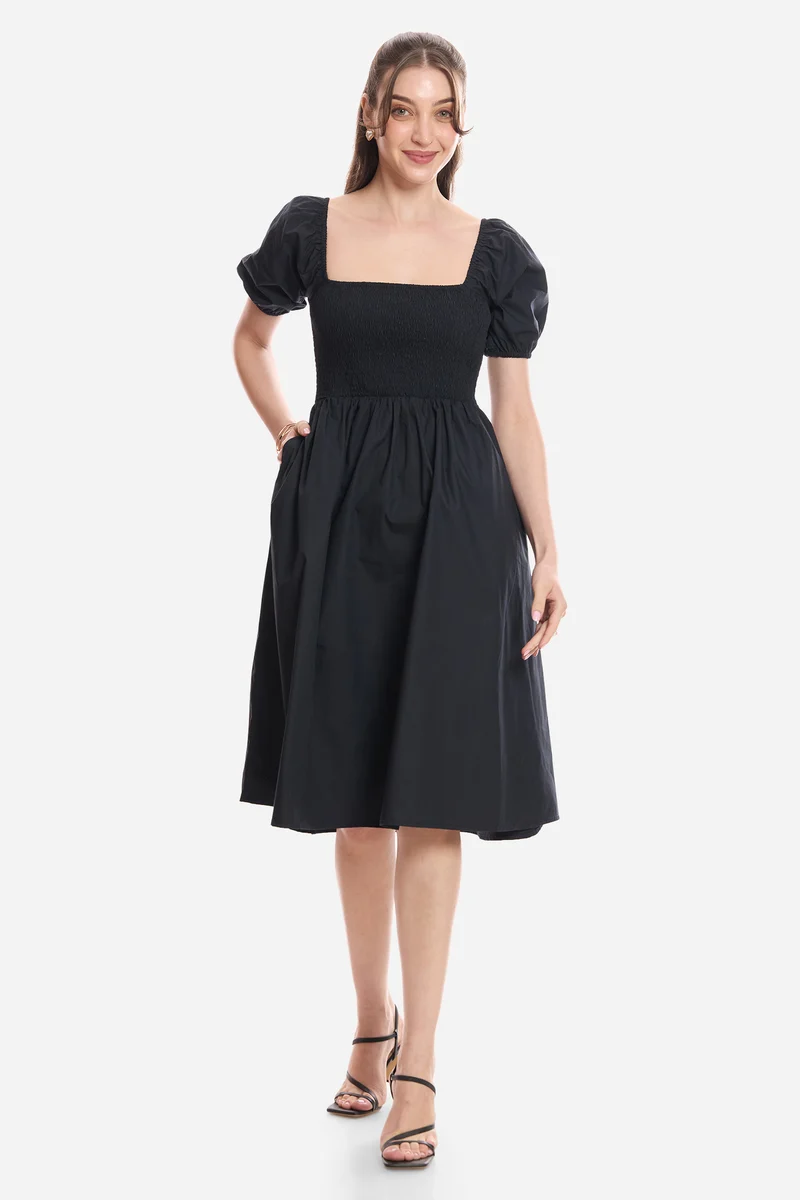 Dorje|100% Cotton Smocked Fit & Flare Dress