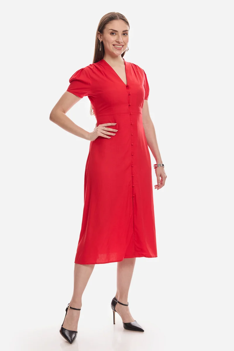 Mirin|100% Viscose V-Neck Gathered Dress