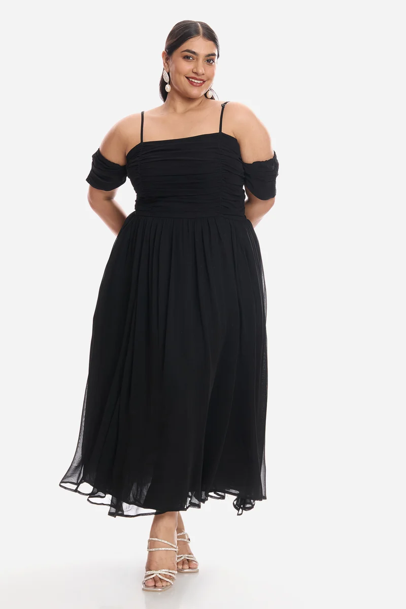 Anisa|Viscose Off Shoulder Ruched Dress