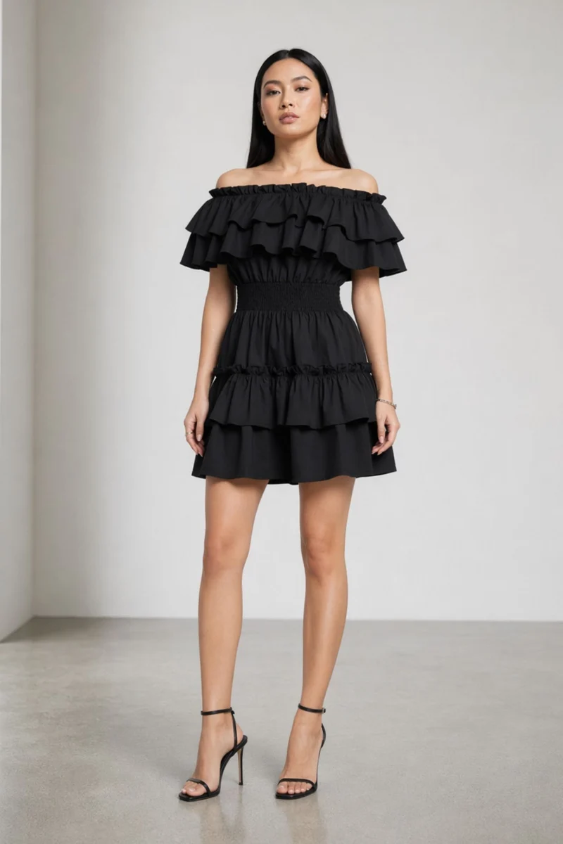 Hanae|100% Cotton Off-Shoulder Ruffle Dress