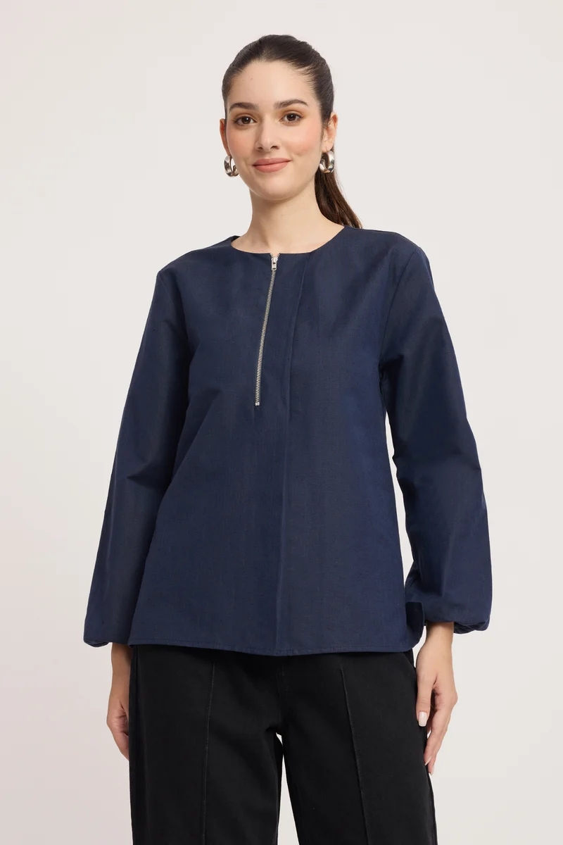 Bunuaei|100% Cotton Pleated Neck Regular Fit Top