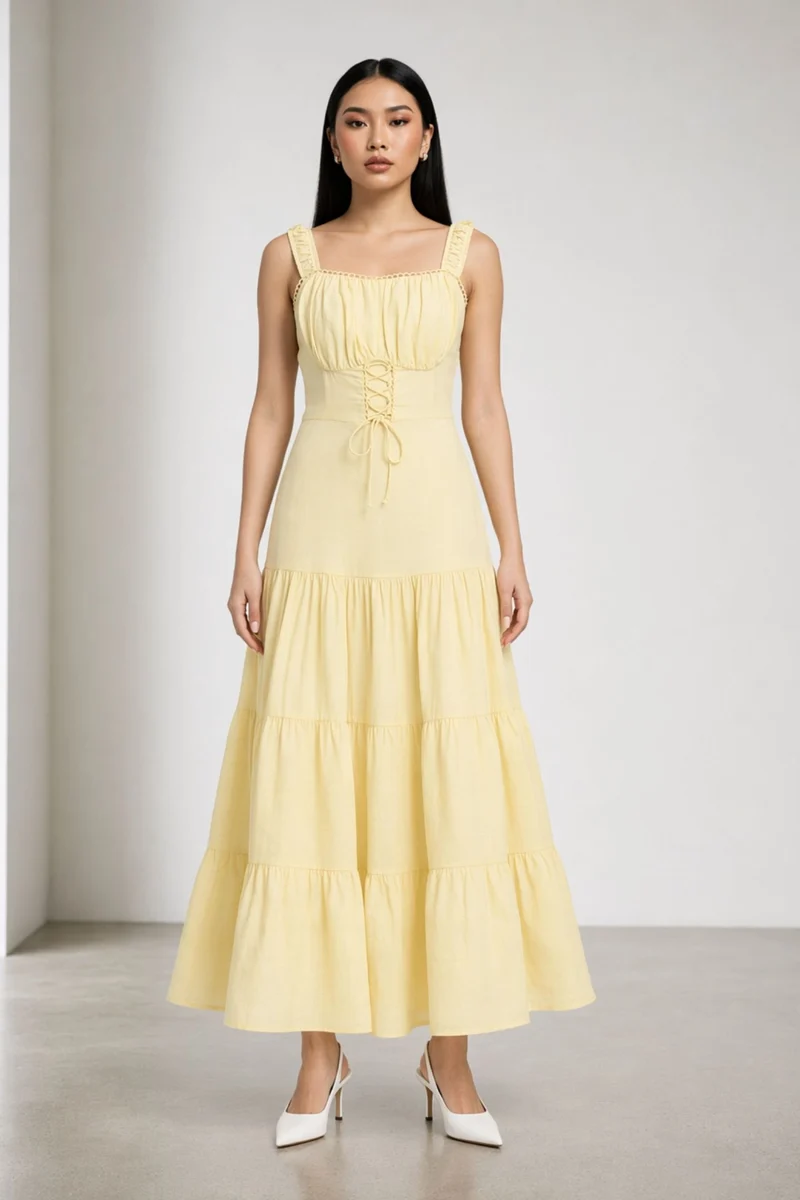 Basy|100% Linen Tiered Lace-Up Maxi Dress