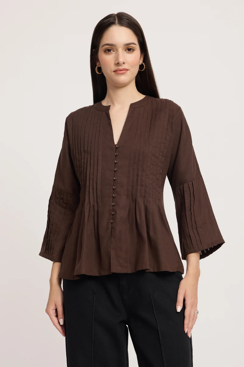 Hinako|Linen Pin Tuck Relaxed Top