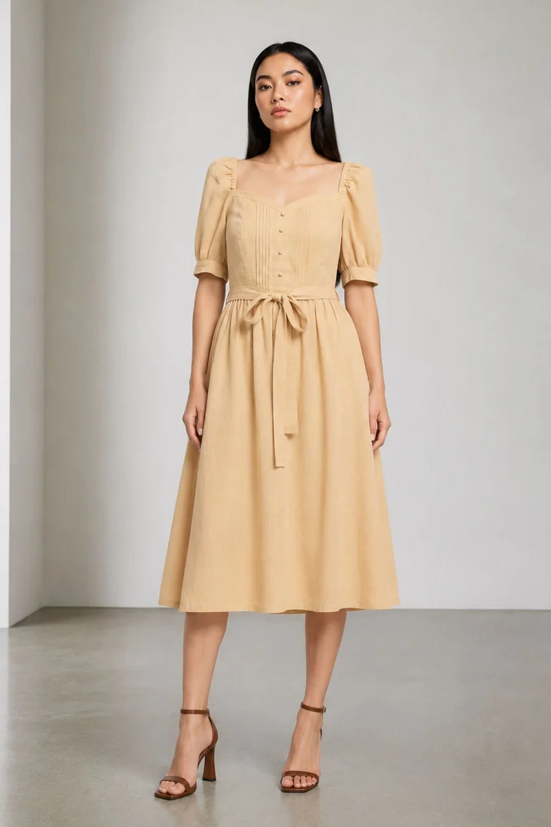 Juni|100% Cotton Pintuck Bodice Midi Dress