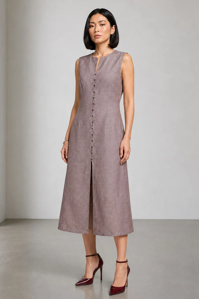 Binny|Linen Button Front Detail Midi Dress