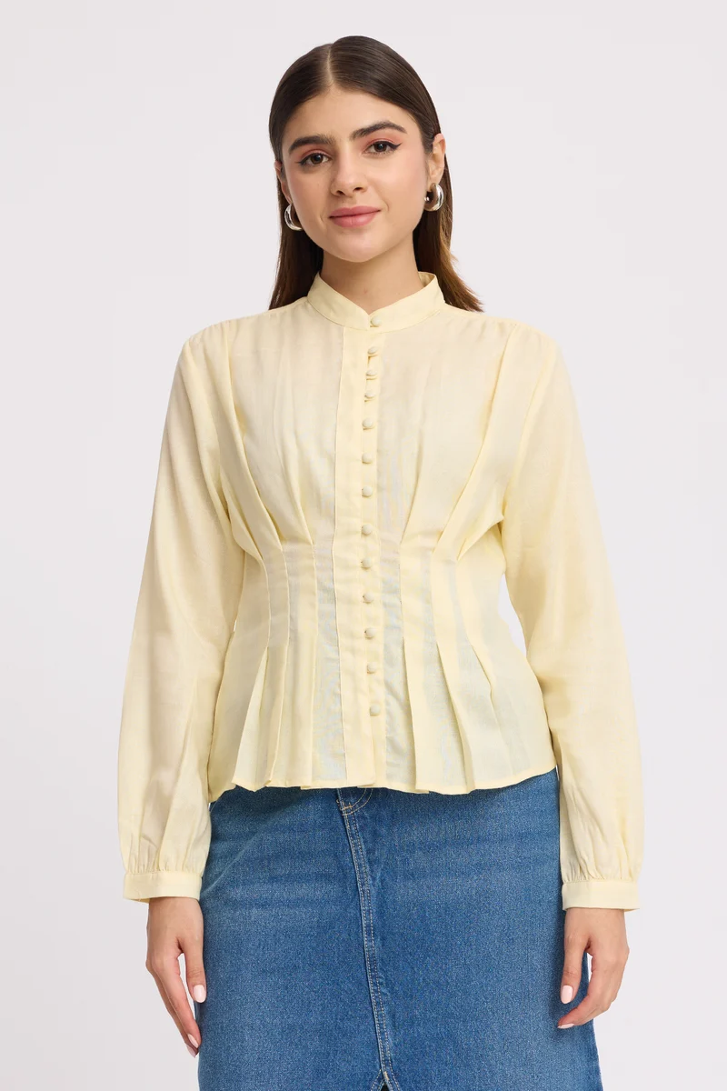 Kareni|100% Cotton Pintuck Detail Structured Shirt