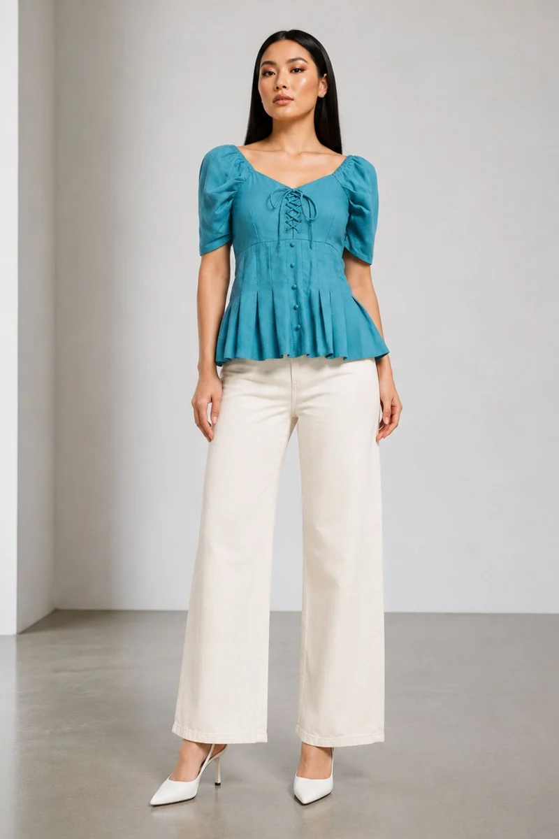 Venni|100% Cotton Sweetheart Tie-Up Peplum Top