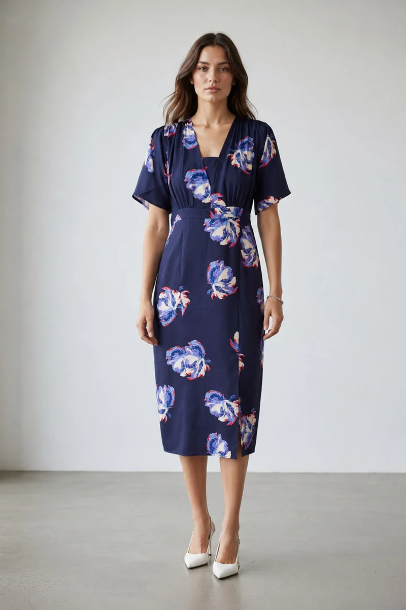 Neesha|100% Viscose Printed Side Slit Midi Dress